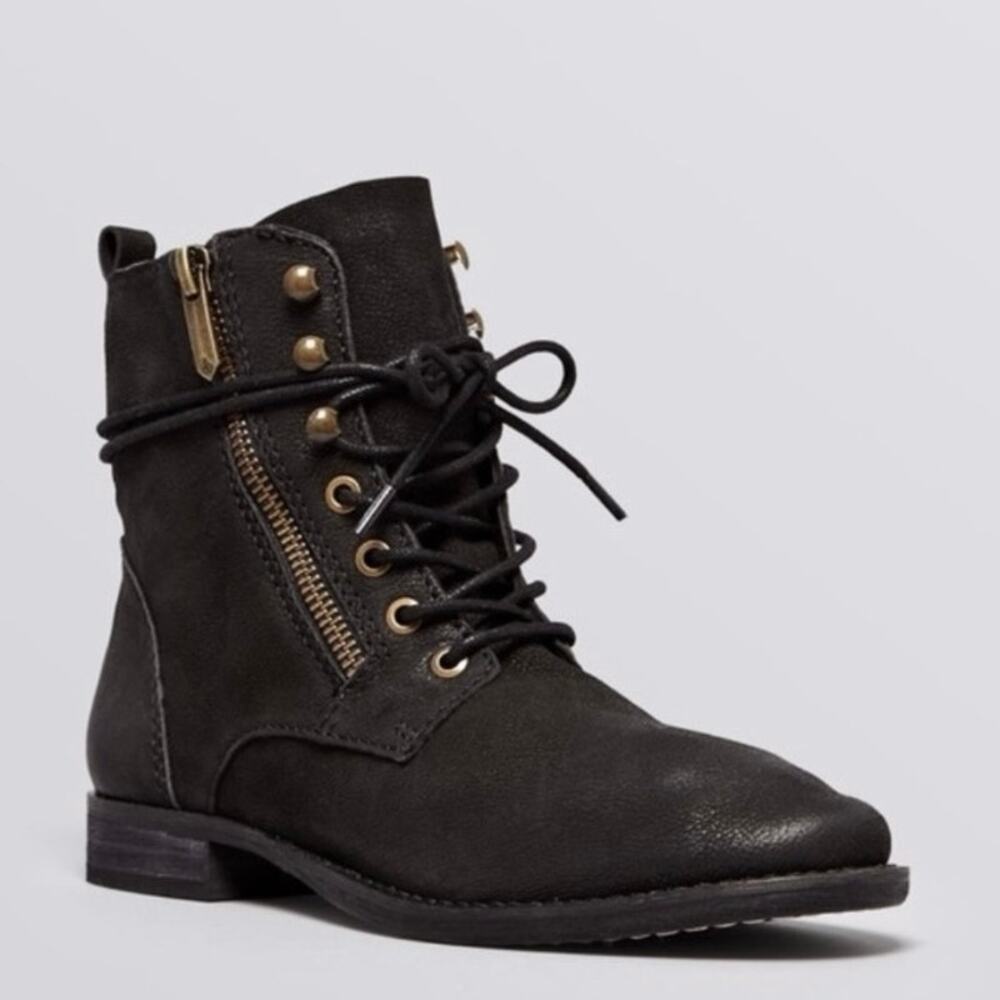 Sam Edelman Sz 6 Mackay Moto Combat Boots Lace-up Soft Slouchy Black Nubuck